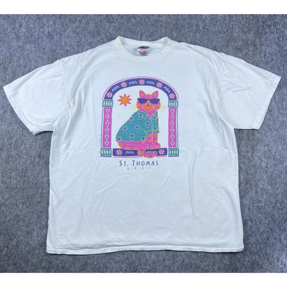 Vtg Oneita Men's St.Thomas Cat Graphic T-Shirt Short Sleeve 1991 USA Size XL